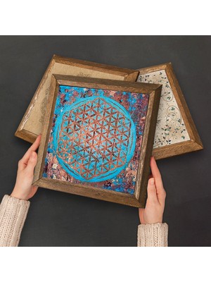 Pinecone Yaşam Çiçeği, Şahmeran, Hayat Ağacı Taş Duvar Tablosu Ahşap Çerçeveli Duvar Dekoru 4 Parça Tablo Seti Wall Art W4-102