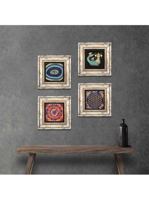 Pinecone Stone Mandala, Nazar, Yaşam Çiçeği, Şahmeran Çerçeveli Taş Duvar Tablosu 4’lü Set - Dekoratif Modern Sanat, Ev ve Ofis Dekoru |TK4-779|