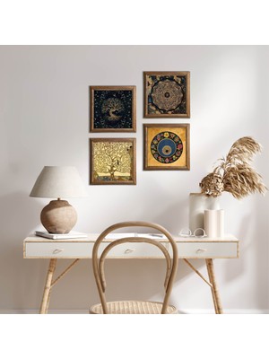 Pinecone Stone Sri Yantra, Hayat Ağacı, Nazar, Gustav Klimt Hayat Ağacı Ahşap Çerçeveli Taş Duvar Tablosu 4’lü Set – 25x25 cm Dekoratif Modern Sanat – Ev ve Ofis Dekoru |W4-734|