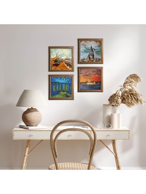 Pinecone Stone Van Gogh, İstanbul Galata Kulesi, Kız Kulesi Ahşap Çerçeveli Taş Duvar Tablosu 4’lü Set – 25x25 cm Dekoratif Modern Sanat – Ev ve Ofis Dekoru |W4-753|