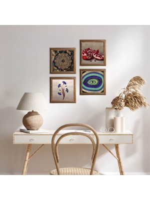 Pinecone Stone Ebru Sanatı, Nazar, Sri Yantra, Nar Ahşap Çerçeveli Taş Duvar Tablosu 4’lü Set – 25x25 cm Dekoratif Modern Sanat – Ev ve Ofis Dekoru |W4-1035|