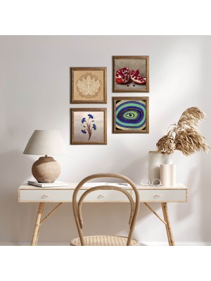 Pinecone Stone Ebru Sanatı, Nazar, Lotus Çiçeği, Nar Ahşap Çerçeveli Taş Duvar Tablosu 4’lü Set – 25x25 cm Dekoratif Modern Sanat – Ev ve Ofis Dekoru |W4-1036|