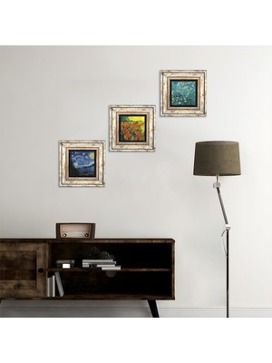 Pinecone Stone Van Gogh Arles'te Kırmızı Bağ, Yıldızlı Gece, Badem Ağacı Çerçeveli Taş Duvar Tablosu 3’lü Set - Dekoratif Modern Sanat, Ev ve Ofis Dekoru |TK3-591|