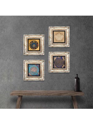 Pinecone Stone Lotus Çiçeği, Yaşam Çiçeği, Nazar Çerçeveli Taş Duvar Tablosu 4’lü Set - Dekoratif Modern Sanat, Ev ve Ofis Dekoru |TK4-809|