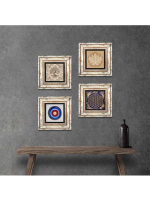 Pinecone Stone Nazar, Lotus Çiçeği, Yaşam Çiçeği, Hayat Ağacı Çerçeveli Taş Duvar Tablosu 4’lü Set - Dekoratif Modern Sanat, Ev ve Ofis Dekoru |TK4-815|