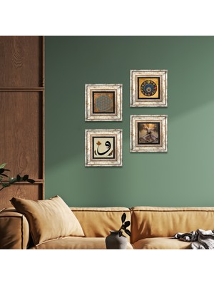 Pinecone Stone Yaşam Çiçeği, Semazen, Vav, Nazar Çerçeveli Taş Duvar Tablosu 4’lü Set - Dekoratif Modern Sanat, Ev ve Ofis Dekoru |TK4-622|