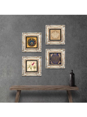 Pinecone Stone Lotus Çiçeği, Yaşam Çiçeği, Lale, Nazar Çerçeveli Taş Duvar Tablosu 4’lü Set - Dekoratif Modern Sanat, Ev ve Ofis Dekoru |TK4-803|
