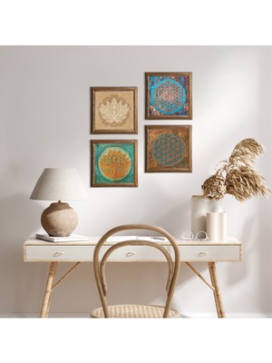 Pinecone Stone Yaşam Çiçeği, Lotus Çiçeği Ahşap Çerçeveli Taş Duvar Tablosu 4’lü Set – 25x25 cm Dekoratif Modern Sanat – Ev ve Ofis Dekoru |W4-120|