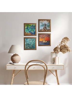 Pinecone Stone İstanbul Galata Kulesi, Kız Kulesi, Van Gogh İrisler, Badem Ağacı Ahşap Çerçeveli Taş Duvar Tablosu 4’lü Set – 25x25 cm Dekoratif Modern Sanat – Ev ve Ofis Dekoru |W4-757|