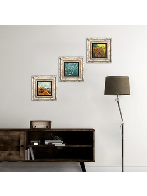 Pinecone Stone Van Gogh Kırmızı Bağ, Balıkçı Tekneleri, Badem Ağacı Çerçeveli Taş Duvar Tablosu 3’lü Set - Dekoratif Modern Sanat, Ev ve Ofis Dekoru |TK3-593|