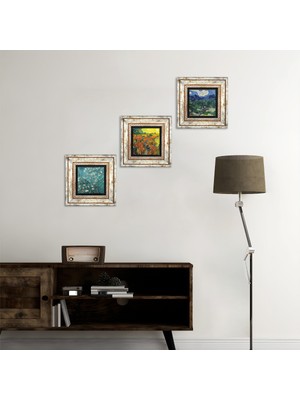 Pinecone Stone Van Gogh Zeytin Ağaçları, Kırmızı Bağ, Badem Ağacı Çerçeveli Taş Duvar Tablosu 3’lü Set - Dekoratif Modern Sanat, Ev ve Ofis Dekoru |TK3-599|