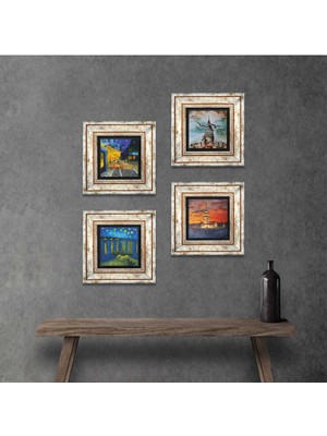 Pinecone Stone Van Gogh, İstanbul Galata Kulesi, Kız Kulesi Çerçeveli Taş Duvar Tablosu 4’lü Set - Dekoratif Modern Sanat, Ev ve Ofis Dekoru |TK4-754|
