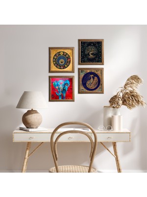 Pinecone Stone Fil, Tavus Kuşu, Hayat Ağacı, Nazar Ahşap Çerçeveli Taş Duvar Tablosu 4’lü Set – 25x25 cm Dekoratif Modern Sanat – Ev ve Ofis Dekoru |W4-309|