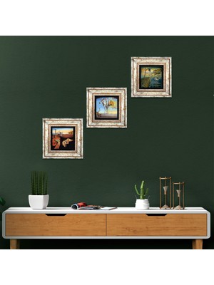 Pinecone Stone Salvador Dalí Çerçeveli Taş Duvar Tablosu 3’lü Set - Dekoratif Modern Sanat, Ev ve Ofis Dekoru |TK3-616|