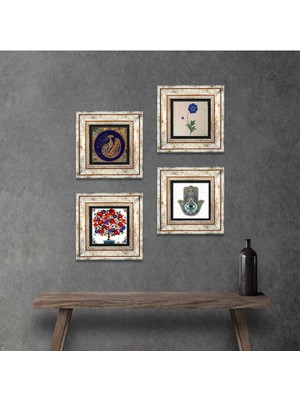 Pinecone Stone Tavus Kuşu, Ebru Sanatı, Nar Ağacı, Fatma Ana Eli (Hamsa) Çerçeveli Taş Duvar Tablosu 4’lü Set - Dekoratif Modern Sanat, Ev ve Ofis Dekoru |TK4-981|