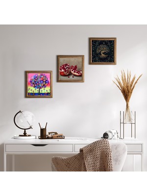 Pinecone Stone Hayat Ağacı, Nar Ahşap Çerçeveli Taş Duvar Tablosu 3’lü Set – 25x25 cm Dekoratif Modern Sanat – Ev ve Ofis Dekoru |W3-1049|