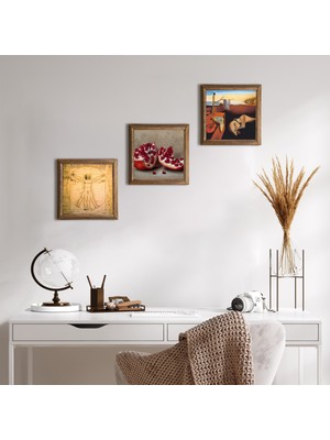 Pinecone Stone Salvador Dalí Belleğin Azmi, Da Vinci Vitruvius Adamı, Nar Ahşap Çerçeveli Taş Duvar Tablosu 3’lü Set – 25x25 cm Dekoratif Modern Sanat – Ev ve Ofis Dekoru |W3-1400|