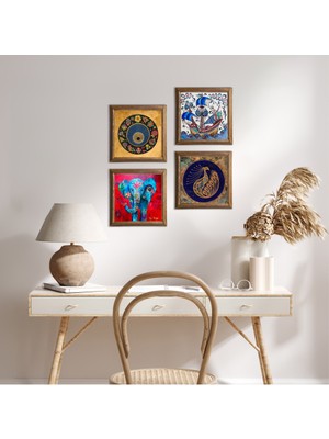 Pinecone Stone Fil, Tavus Kuşu, Çini Sanatı Yelkenli Gemi, Nazar Ahşap Çerçeveli Taş Duvar Tablosu 4’lü Set – 25x25 cm Dekoratif Modern Sanat – Ev ve Ofis Dekoru |W4-327|