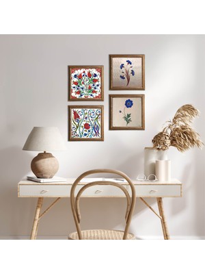 Pinecone Stone Lale, Ebru Sanatı Ahşap Çerçeveli Taş Duvar Tablosu 4’lü Set – 25x25 cm Dekoratif Modern Sanat – Ev ve Ofis Dekoru |W4-702|