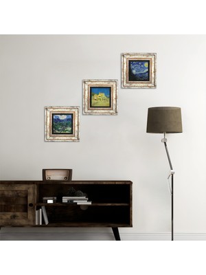 Pinecone Stone Van Gogh Zeytin Ağaçları, Sarı Ev, Yıldızlı Gece Çerçeveli Taş Duvar Tablosu 3’lü Set - Dekoratif Modern Sanat, Ev ve Ofis Dekoru |TK3-588|