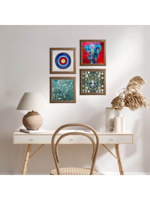Pinecone Stone Nazar, Hayat Ağacı, Fil, Van Gogh Badem Ağacı Ahşap Çerçeveli Taş Duvar Tablosu 4’lü Set – 25x25 cm Dekoratif Modern Sanat – Ev ve Ofis Dekoru |W4-903|