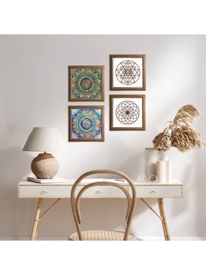 Pinecone Stone Mandala, Yaşam Çiçeği, Sri Yantra Ahşap Çerçeveli Taş Duvar Tablosu 4’lü Set – 25x25 cm Dekoratif Modern Sanat – Ev ve Ofis Dekoru |W4-713|