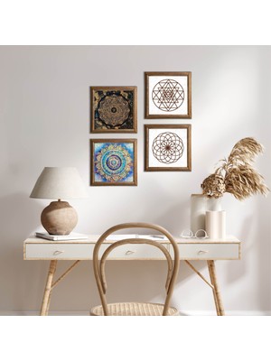 Pinecone Stone Mandala, Yaşam Çiçeği, Sri Yantra Ahşap Çerçeveli Taş Duvar Tablosu 4’lü Set – 25x25 cm Dekoratif Modern Sanat – Ev ve Ofis Dekoru |W4-714|