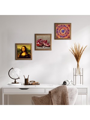 Pinecone Stone Mandala, Leonardo da Vinci Mona Lisa, Nar Ahşap Çerçeveli Taş Duvar Tablosu 3’lü Set – 25x25 cm Dekoratif Modern Sanat – Ev ve Ofis Dekoru |W3-1436|