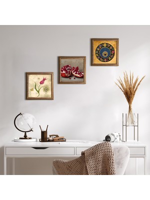 Pinecone Stone Lale Ebru Sanatı, Nazar, Nar Ahşap Çerçeveli Taş Duvar Tablosu 3’lü Set – 25x25 cm Dekoratif Modern Sanat – Ev ve Ofis Dekoru |W3-1601|