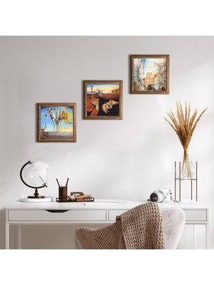 Pinecone Stone Salvador Dalí Ahşap Çerçeveli Taş Duvar Tablosu 3’lü Set – 25x25 cm Dekoratif Modern Sanat – Ev ve Ofis Dekoru |W3-615|