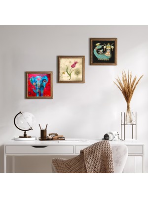 Pinecone Stone Fil, Lale Ebru Sanatı, Şahmeran Ahşap Çerçeveli Taş Duvar Tablosu 3’lü Set – 25x25 cm Dekoratif Modern Sanat – Ev ve Ofis Dekoru |W3-671|