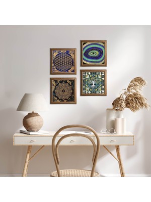 Pinecone Stone Hayat Ağacı, Nazar, Sri Yantra, Yaşam Çiçeği Ahşap Çerçeveli Taş Duvar Tablosu 4’lü Set – 25x25 cm Dekoratif Modern Sanat – Ev ve Ofis Dekoru |W4-721|