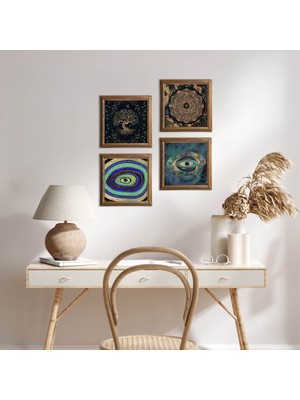 Pinecone Stone Nazar, Sri Yantra, Hayat Ağacı Ahşap Çerçeveli Taş Duvar Tablosu 4’lü Set – 25x25 cm Dekoratif Modern Sanat – Ev ve Ofis Dekoru |W4-725|