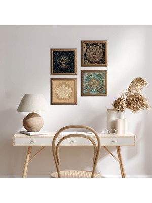 Pinecone Stone Sri Yantra, Yaşam Çiçeği, Lotus Çiçeği, Hayat Ağacı Ahşap Çerçeveli Taş Duvar Tablosu 4’lü Set – 25x25 cm Dekoratif Modern Sanat – Ev ve Ofis Dekoru |W4-732|