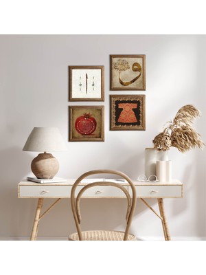 Pinecone Stone Hırka-i Şerif, Vav, Elif, Bereket Duası Ahşap Çerçeveli Taş Duvar Tablosu 4’lü Set – 25x25 cm Dekoratif Modern Sanat – Ev ve Ofis Dekoru |W4-928|