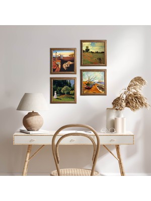 Pinecone Salvador Dalí, Van Gogh, Claude Monet Taş Duvar Tablosu Ahşap Çerçeveli Duvar Dekoru 4 Parça Tablo Seti Wall Art W4-939