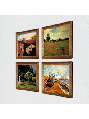 Pinecone Salvador Dalí, Van Gogh, Claude Monet Taş Duvar Tablosu Ahşap Çerçeveli Duvar Dekoru 4 Parça Tablo Seti Wall Art W4-939