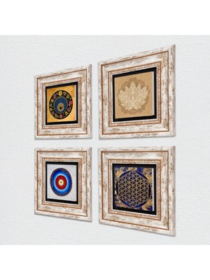 Pinecone Lotus Çiçeği, Yaşam Çiçeği, Nazar Taş Duvar Tablosu Çerçeveli Duvar Dekoru 4 Parça Tablo Seti Wall Art T4-814