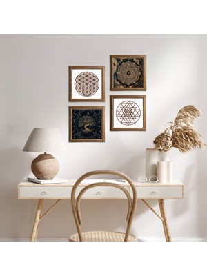 Pinecone Stone Yaşam Çiçeği, Sri Yantra, Hayat Ağacı Ahşap Çerçeveli Taş Duvar Tablosu 4’lü Set – 25x25 cm Dekoratif Modern Sanat – Ev ve Ofis Dekoru |W4-735|