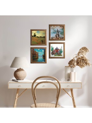 Pinecone Stone Claude Monet Sonbahar, Gelincikler, Ayasofya, Galata Kulesi Ahşap Çerçeveli Taş Duvar Tablosu 4’lü Set – 25x25 cm Dekoratif Modern Sanat – Ev ve Ofis Dekoru |W4-752|