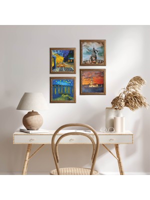 Pinecone Stone Van Gogh, İstanbul Galata Kulesi, Kız Kulesi Ahşap Çerçeveli Taş Duvar Tablosu 4’lü Set – 25x25 cm Dekoratif Modern Sanat – Ev ve Ofis Dekoru |W4-754|