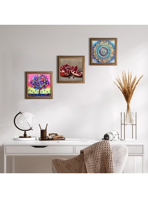 Pinecone Stone Mandala, Hayat Ağacı, Nar Ahşap Çerçeveli Taş Duvar Tablosu 3’lü Set – 25x25 cm Dekoratif Modern Sanat – Ev ve Ofis Dekoru |W3-1059|