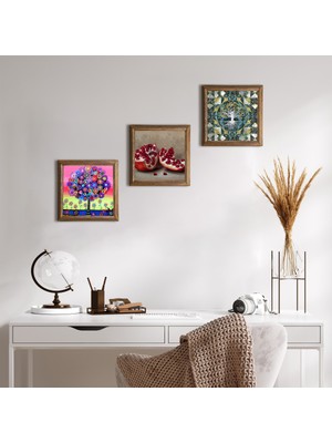 Pinecone Stone Hayat Ağacı, Nar Ahşap Çerçeveli Taş Duvar Tablosu 3’lü Set – 25x25 cm Dekoratif Modern Sanat – Ev ve Ofis Dekoru |W3-1062|