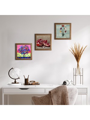 Pinecone Stone Ebru Sanatı, Hayat Ağacı, Nar Ahşap Çerçeveli Taş Duvar Tablosu 3’lü Set – 25x25 cm Dekoratif Modern Sanat – Ev ve Ofis Dekoru |W3-1064|