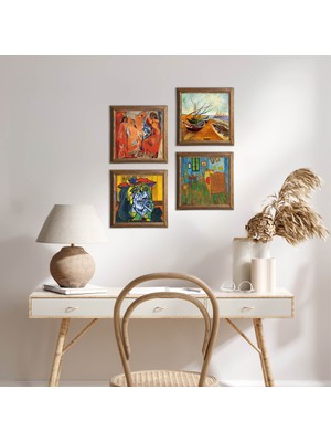 Pinecone Stone Picasso, Van Gogh Ahşap Çerçeveli Taş Duvar Tablosu 4’lü Set – 25x25 cm Dekoratif Modern Sanat – Ev ve Ofis Dekoru |W4-690|