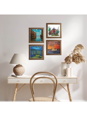 Pinecone Stone Van Gogh, Claude Monet, İstanbul Ayasofya, Kız Kulesi Ahşap Çerçeveli Taş Duvar Tablosu 4’lü Set – 25x25 cm Dekoratif Modern Sanat – Ev ve Ofis Dekoru |W4-755|