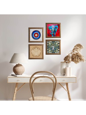 Pinecone Stone Nazar, Hayat Ağacı, Fil, Lotus Çiçeği Ahşap Çerçeveli Taş Duvar Tablosu 4’lü Set – 25x25 cm Dekoratif Modern Sanat – Ev ve Ofis Dekoru |W4-897|