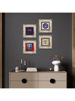 Pinecone Stone Nazar, Fil, Hayat Ağacı Çerçeveli Taş Duvar Tablosu 4’lü Set - Dekoratif Modern Sanat, Ev ve Ofis Dekoru |TK4-1141|