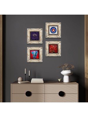Pinecone Stone Nazar, Hayat Ağacı, Fil, Van Gogh Badem Ağacı Çerçeveli Taş Duvar Tablosu 4’lü Set - Dekoratif Modern Sanat, Ev ve Ofis Dekoru |TK4-1147|