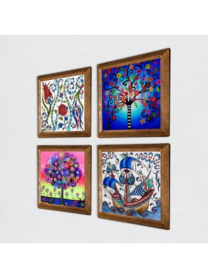 Pinecone Lale, Çini Sanatı Yelkenli Gemi, Hayat Ağacı Taş Duvar Tablosu Ahşap Çerçeveli Duvar Dekoru 4 Parça Tablo Seti Wall Art W4-961